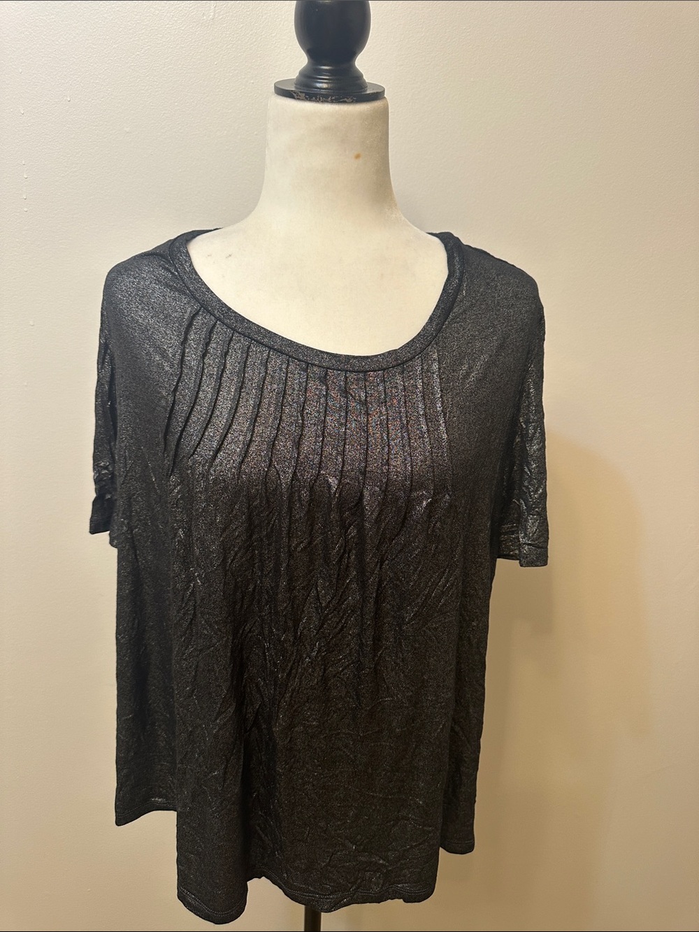 Nanette Lepore Shimmery Black Short Sleeve Pleated Tee